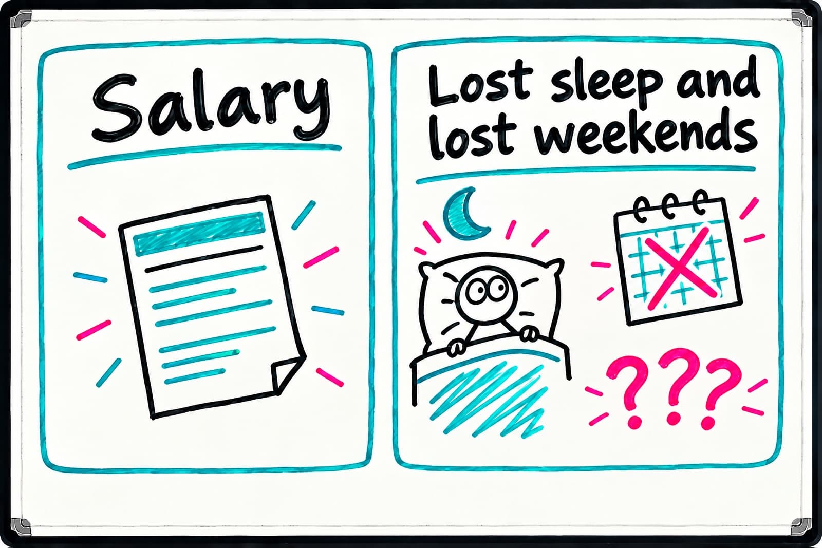 Whiteboard ledger with a payslip under 'Salary' and, under 'Lost sleep and lost weekends', a sleepless stick figure, a crossed-out calendar and question marks where the numbers should be.