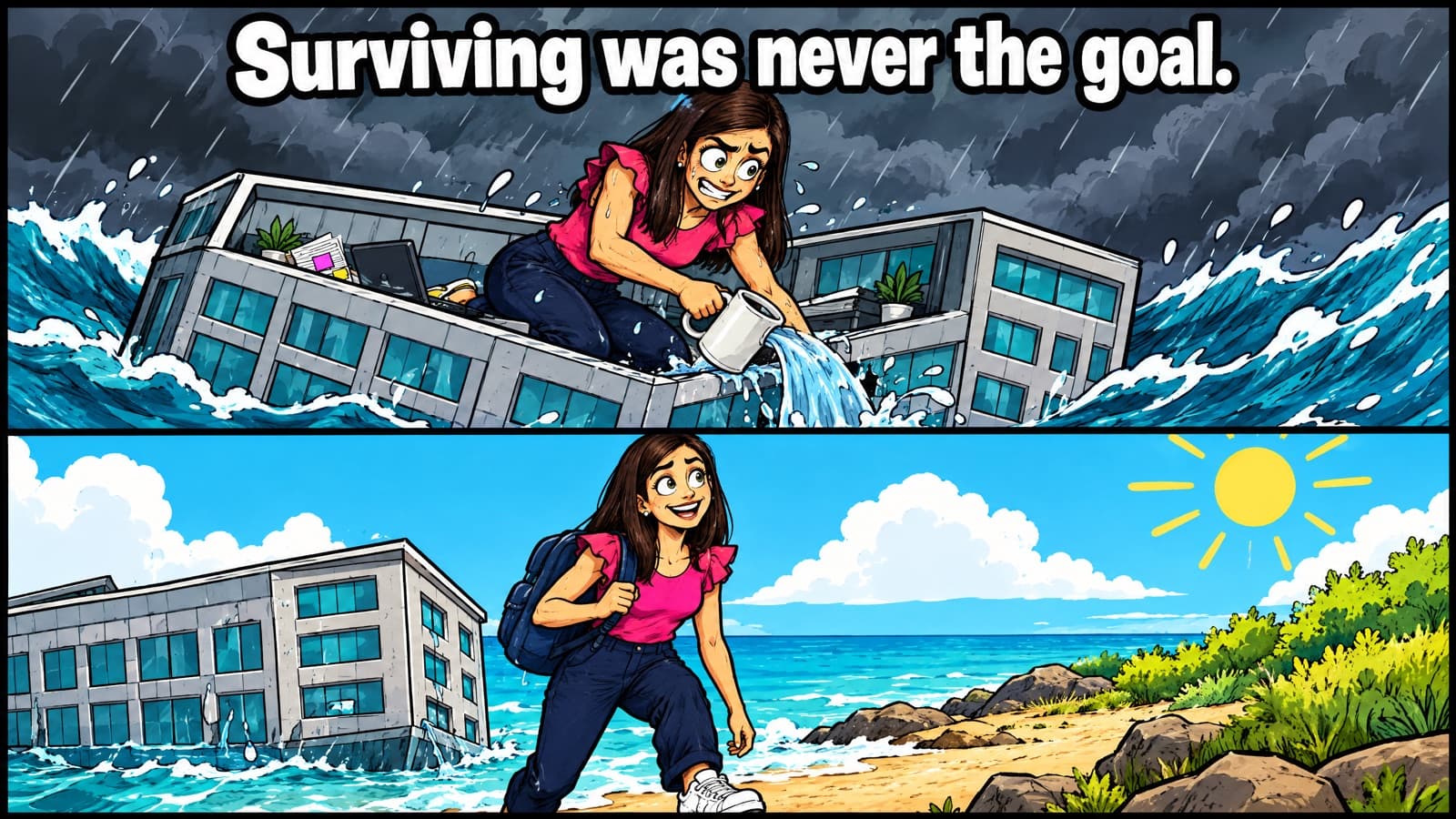 Two-panel comic under the headline 'Surviving was never the goal.': cartoon Nicola bails water out of a sinking office building with a coffee mug in a storm, then steps onto a sunny shore with a backpack, smiling.