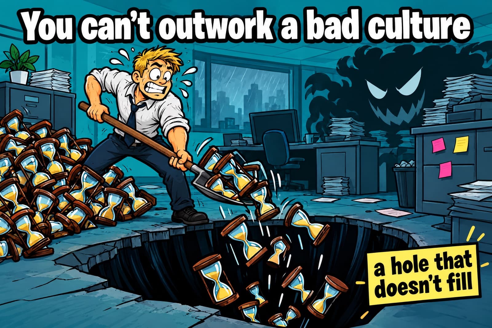 Comic headed 'You can't outwork a bad culture': a worker shovels hourglasses into a bottomless hole in the office floor, captioned 'a hole that doesn't fill'.