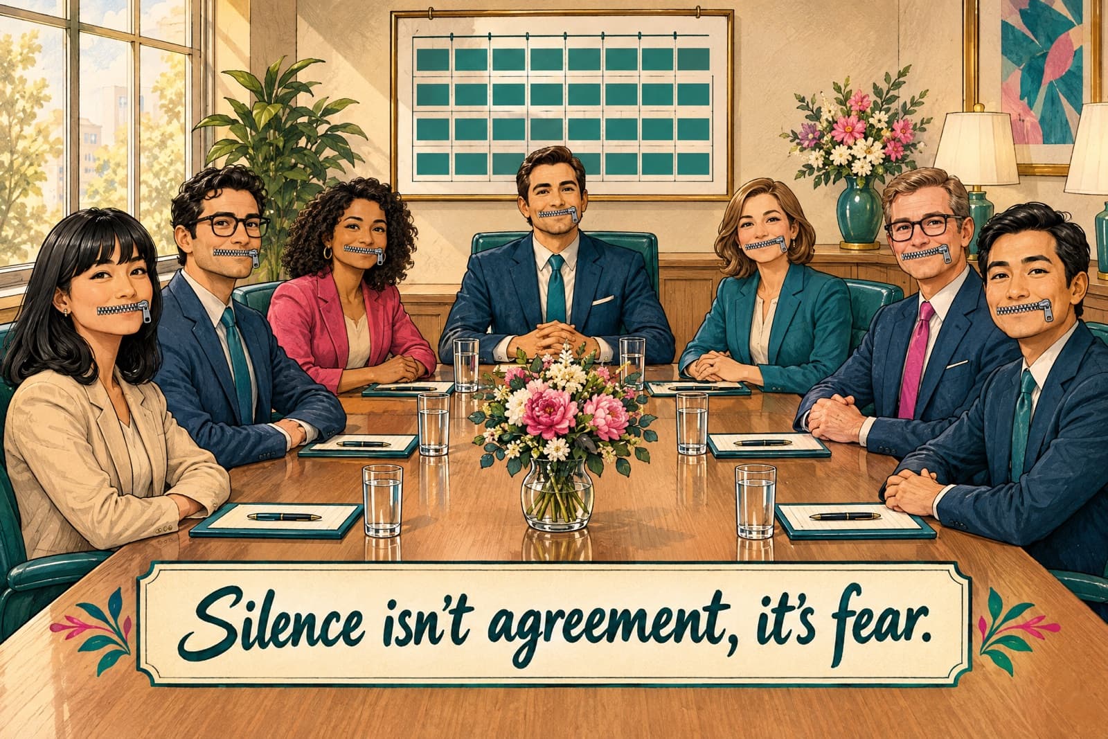 Ink-and-watercolour meeting room where every attendee smiles politely with a zip across their mouth, above the banner 'Silence isn't agreement, it's fear.'