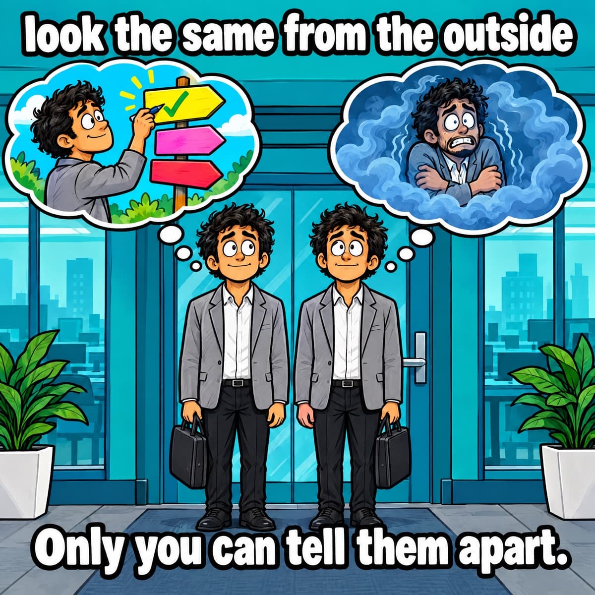 Comic of two identical office workers at a door, one thought bubble showing a confident choice and the other frozen in a fog of fear, between the lines 'look the same from the outside' and 'Only you can tell them apart.'