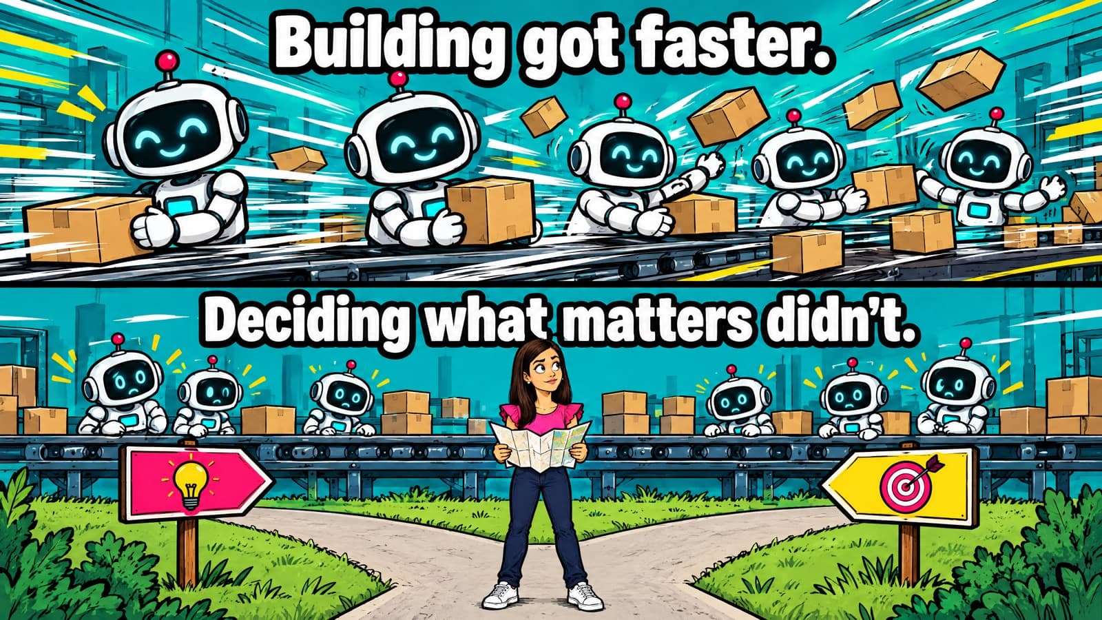 Two-panel comic: friendly robots build at warp speed on a conveyor under 'Building got faster.', then cartoon Nicola stands at a fork in the road with a map while the robots wait, under 'Deciding what matters didn't.'