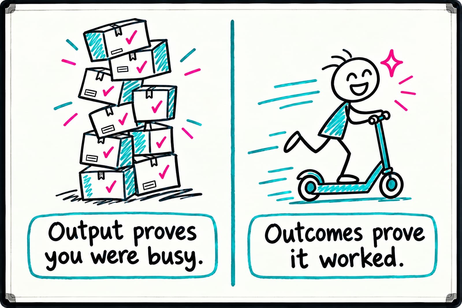 Whiteboard split in two: a stack of ticked shipped boxes captioned 'Output proves you were busy.' beside a happy stick figure zooming on a scooter captioned 'Outcomes prove it worked.'