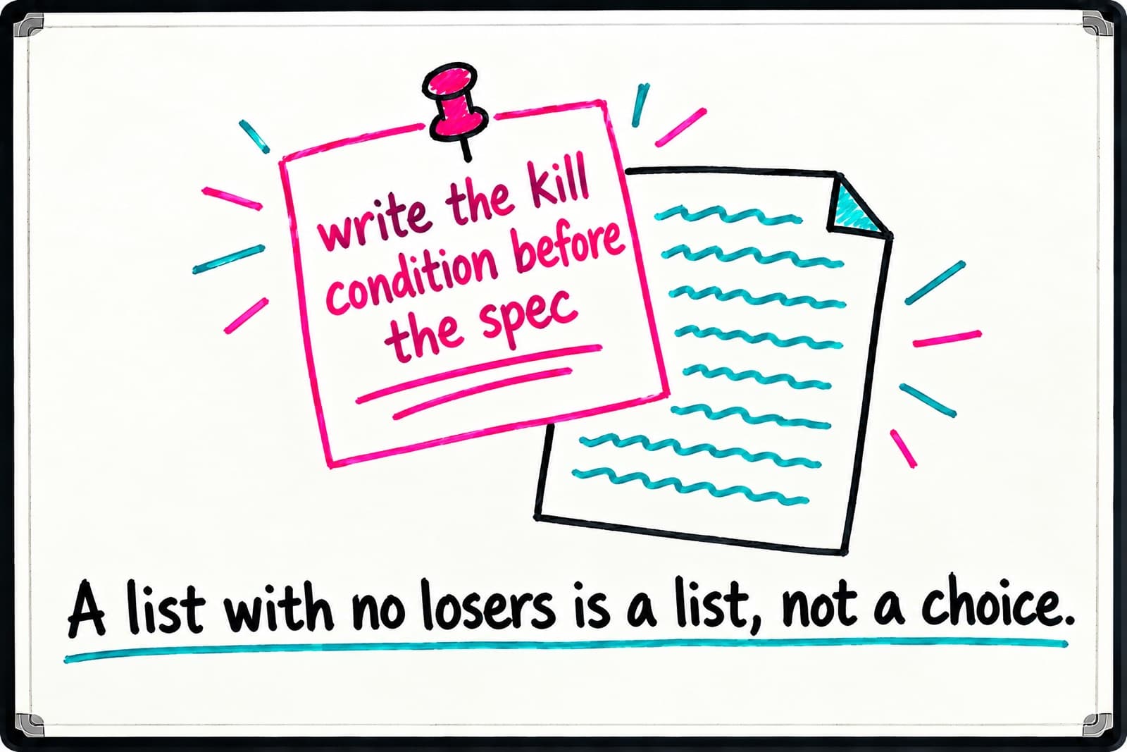 Whiteboard drawing of a slip pinned over a spec reading 'write the kill condition before the spec', above the line 'A list with no losers is a list, not a choice.'