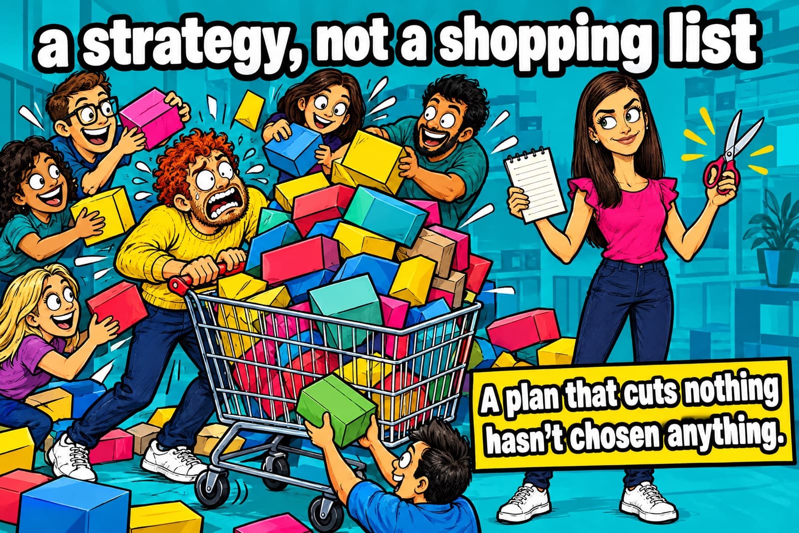 Comic headed 'a strategy, not a shopping list': stakeholders pile boxes into an overflowing trolley pushed by a frazzled colleague, while cartoon Nicola calmly holds one short list and a pair of scissors beside the caption 'A plan that cuts nothing hasn't chosen anything.'
