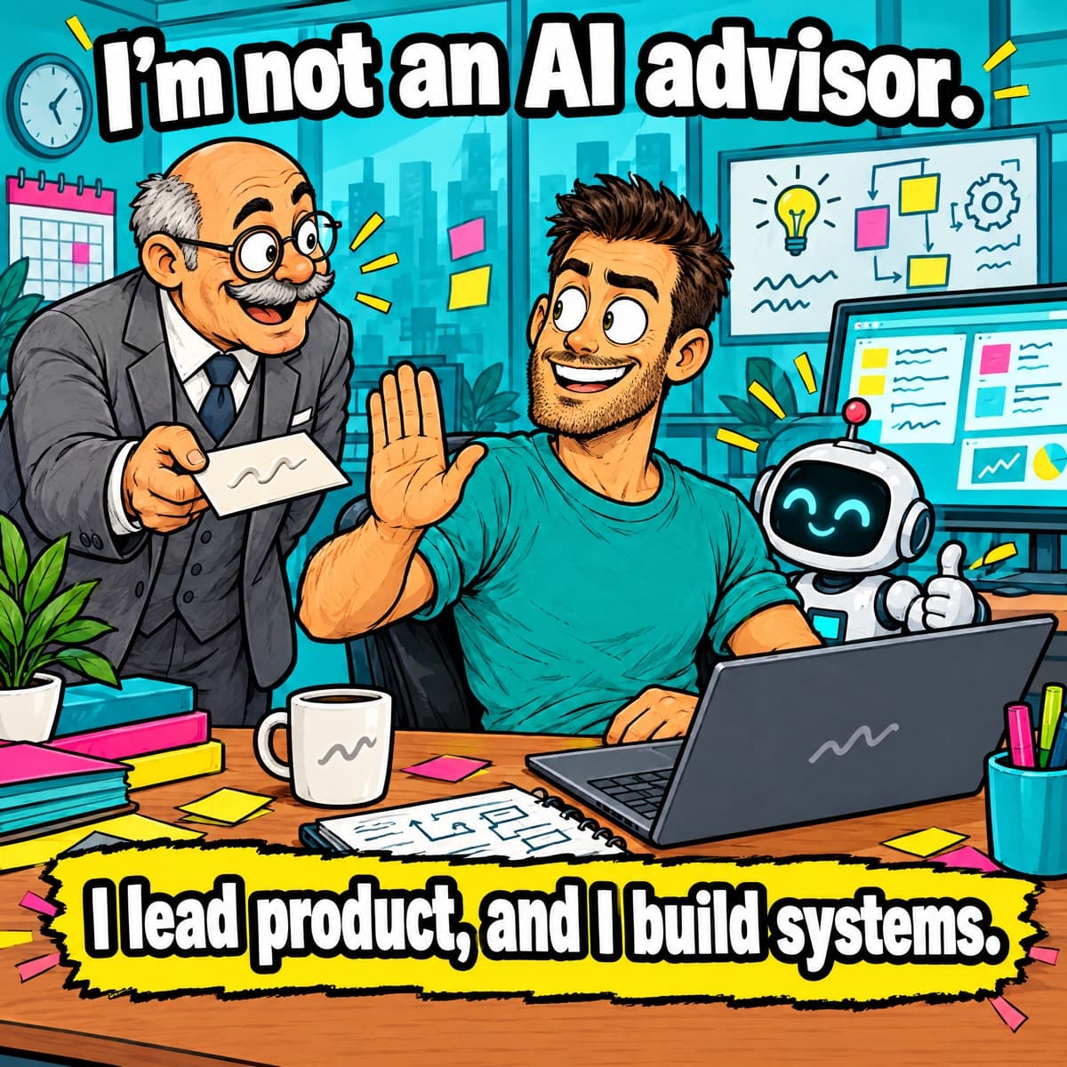 Comic of Marton at his desk cheerfully waving away a business card offered by an older man in a grey suit, with his friendly robot giving a thumbs up beside him, under 'I'm not an AI advisor.' and the caption 'I lead product, and I build systems.'