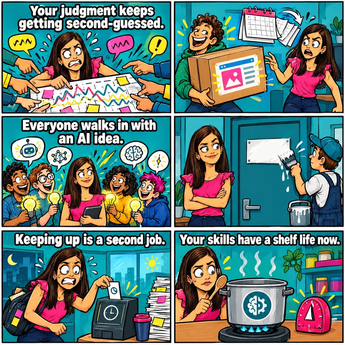 Six-panel comic of the same product manager facing workplace pains: hands poking her estimate chart ('Your judgment keeps getting second-guessed.'), a colleague carrying off a feature she scoped, a crowd with lightbulb ideas ('Everyone walks in with an AI idea.'), her door sign being painted over, clocking in for a second shift ('Keeping up is a second job.'), and a pot of skills on a kitchen timer ('Your skills have a shelf life now.').