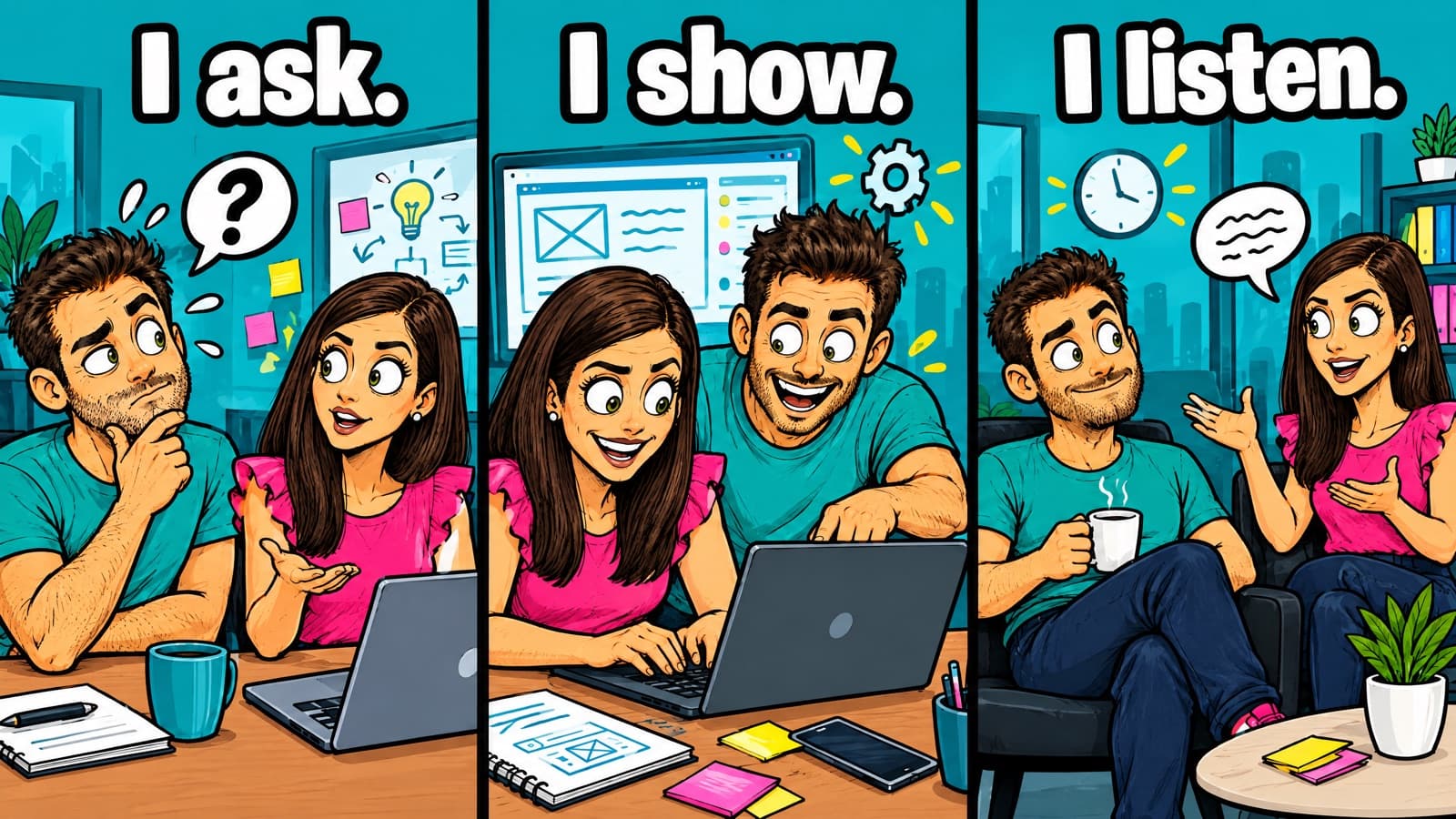 Three-panel comic of Marton coaching a product manager: thinking with a question mark under 'I ask.', building beside her at a laptop under 'I show.', and listening with a cup of tea while she talks under 'I listen.'
