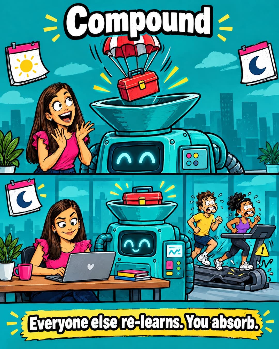 Two-panel comic: a new toolbox parachutes into the funnel of a friendly teal machine as a product manager cheers, then the next day she works calmly while two people sweat on a wobbly treadmill behind her, under the headline 'Compound' and the caption 'Everyone else re-learns. You absorb.'