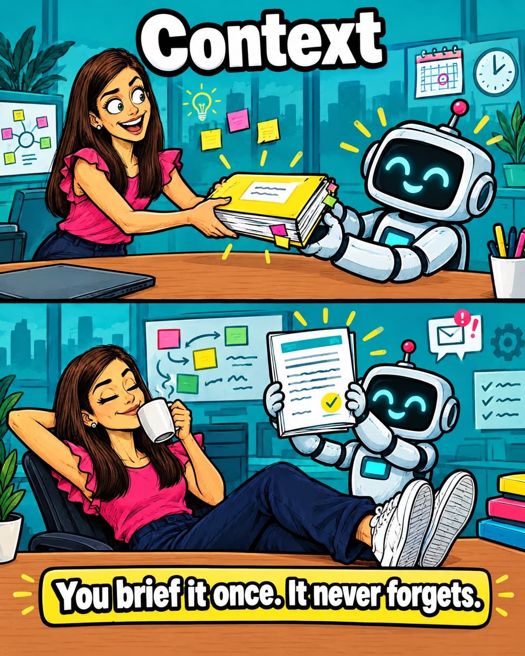 Two-panel comic: a product manager hands a thick briefing folder to a friendly robot, then relaxes with a coffee while the robot holds up a finished draft, under the headline 'Context' and the caption 'You brief it once. It never forgets.'