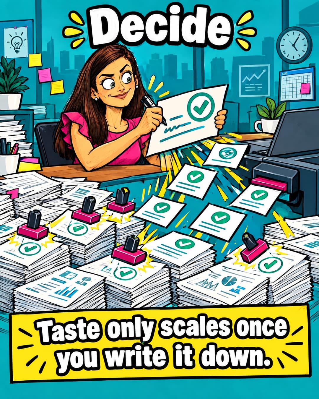 Comic of a product manager writing her judgement on one rule card while copies fly out and stamp ticks on piles of documents, under the headline 'Decide' and the caption 'Taste only scales once you write it down.'