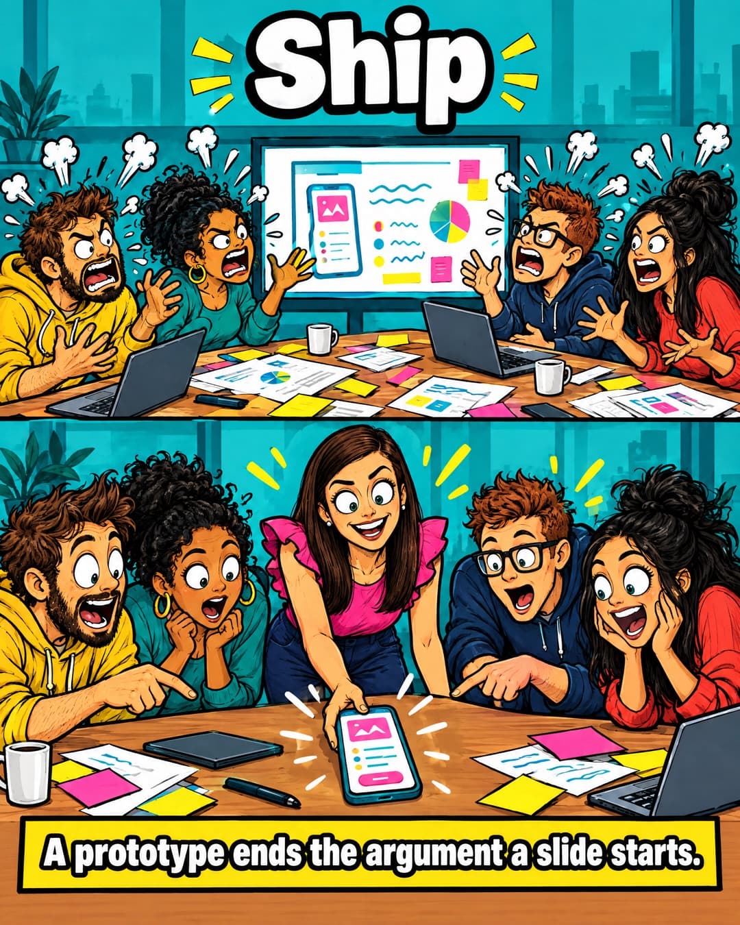 Two-panel comic: colleagues argue with steam coming off their heads over a slide deck, then a product manager drops a clickable phone prototype on the table and everyone leans in pointing, under the headline 'Ship' and the caption 'A prototype ends the argument a slide starts.'