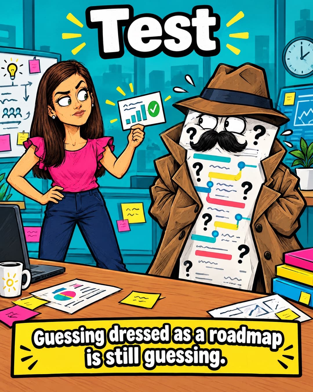 Comic of a roadmap covered in question marks disguised in a fake moustache, hat and trench coat, while an unimpressed product manager holds up a test result card with a tick, under the headline 'Test' and the caption 'Guessing dressed as a roadmap is still guessing.'
