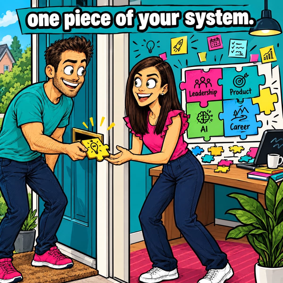 Comic of Marton passing a puzzle piece through a letterbox to a delighted product manager, whose wall puzzle is already growing with pieces labelled 'Leadership', 'Product', 'AI' and 'Career', under the banner 'one piece of your system.'