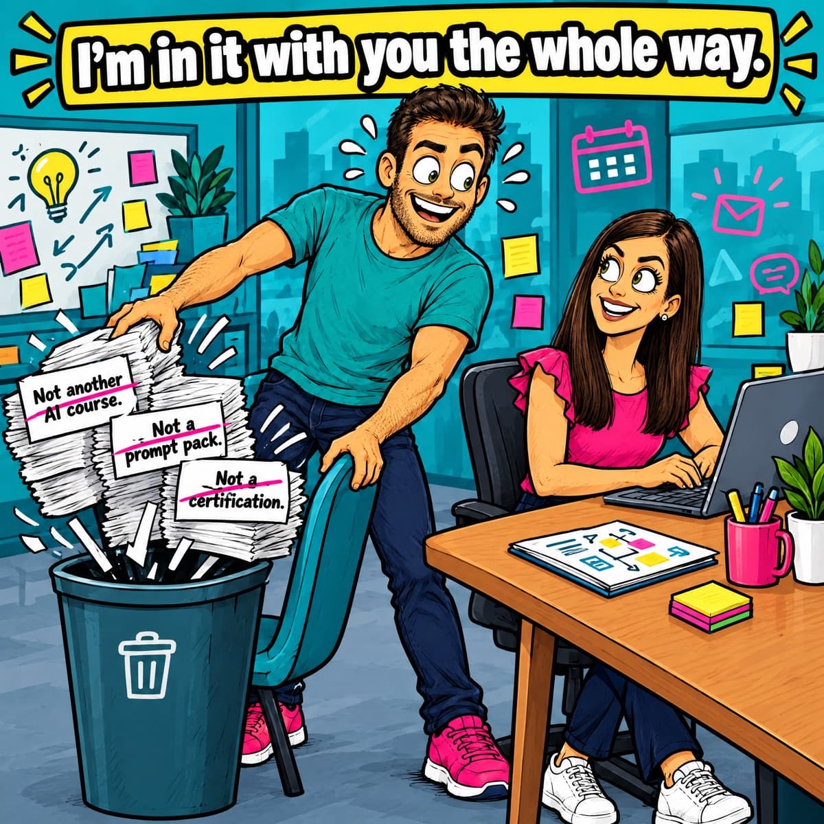 Comic of Marton sweeping three paper stacks tagged 'Not another AI course.', 'Not a prompt pack.' and 'Not a certification.', each struck through in pink, into a bin while pulling a chair up beside a product manager at her laptop, under the banner 'I'm in it with you the whole way.'