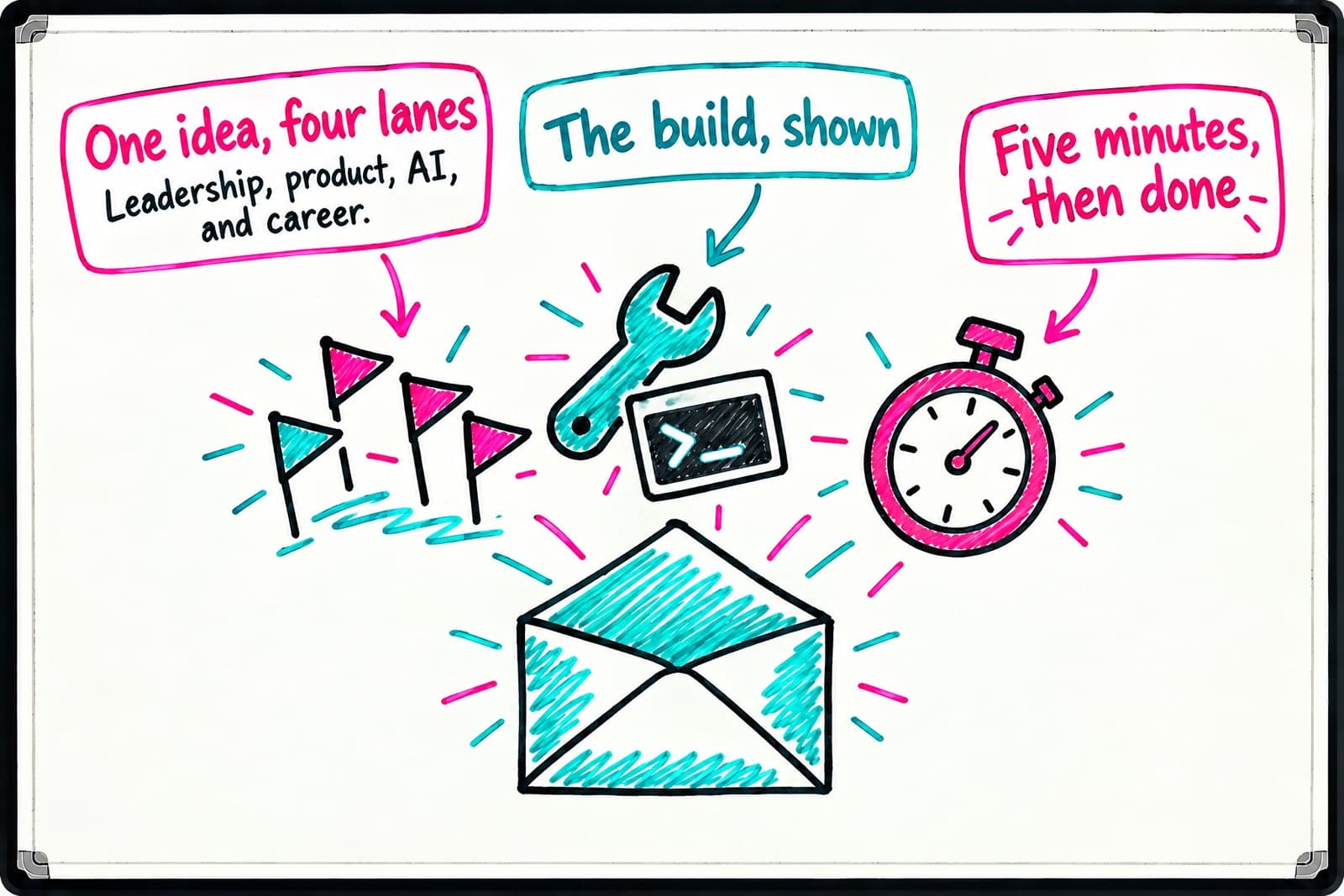 Whiteboard sketch of an envelope opening with three items spilling out: four small flags labelled 'One idea, four lanes' and 'Leadership, product, AI, and career.', a wrench with a prompt window labelled 'The build, shown', and a stopwatch labelled 'Five minutes, then done'.