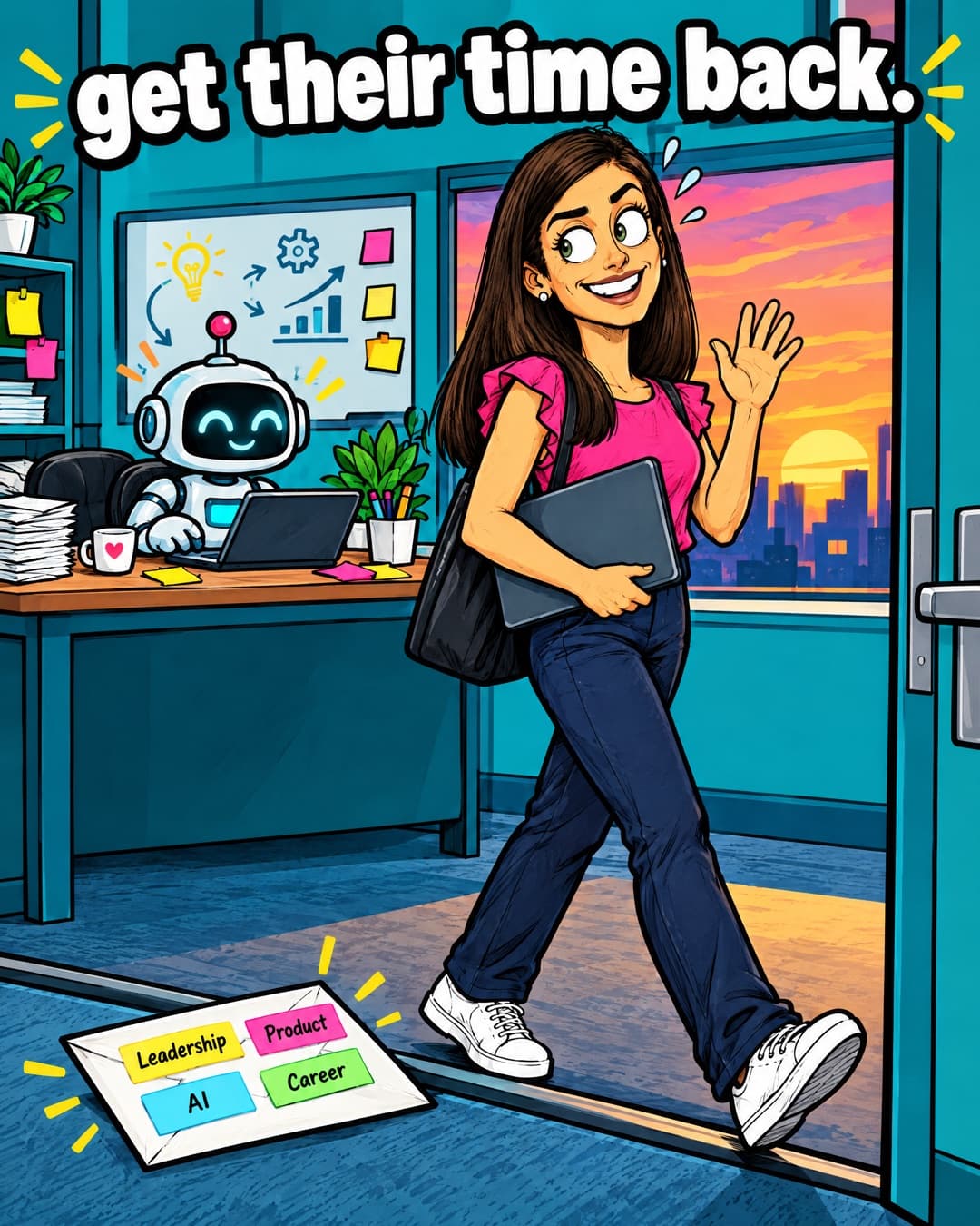 Comic of a product manager leaving the office at sunset with her laptop closed, waving goodbye while a friendly robot keeps working at the desk, as an envelope tagged 'Leadership', 'Product', 'AI' and 'Career' lies by the door, under the lettering 'get their time back.'