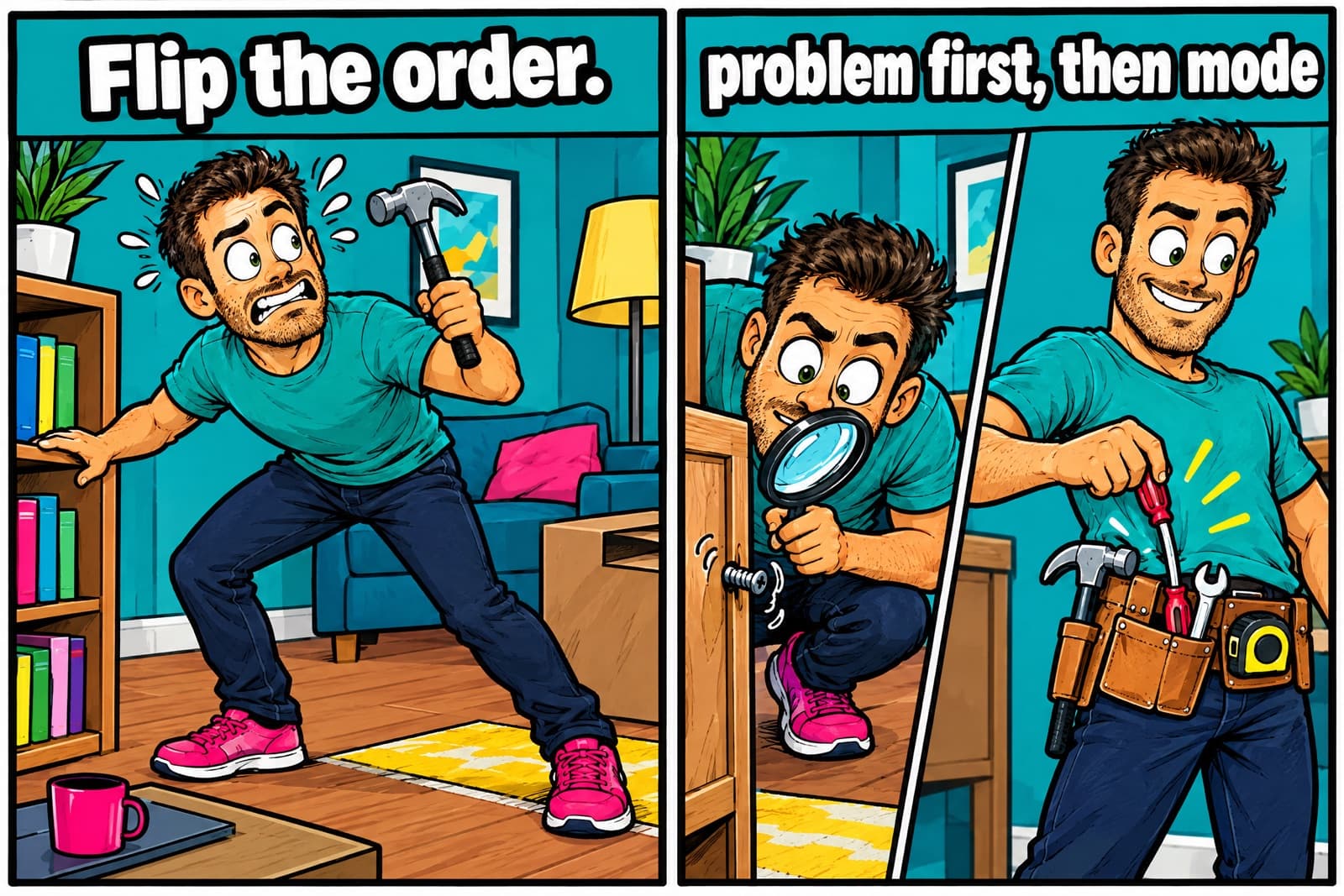 Two-panel comic: under Flip the order., Marton wanders with a hammer looking for nails; under problem first, then mode, he inspects a loose screw with a magnifier and picks a screwdriver from his tool belt.