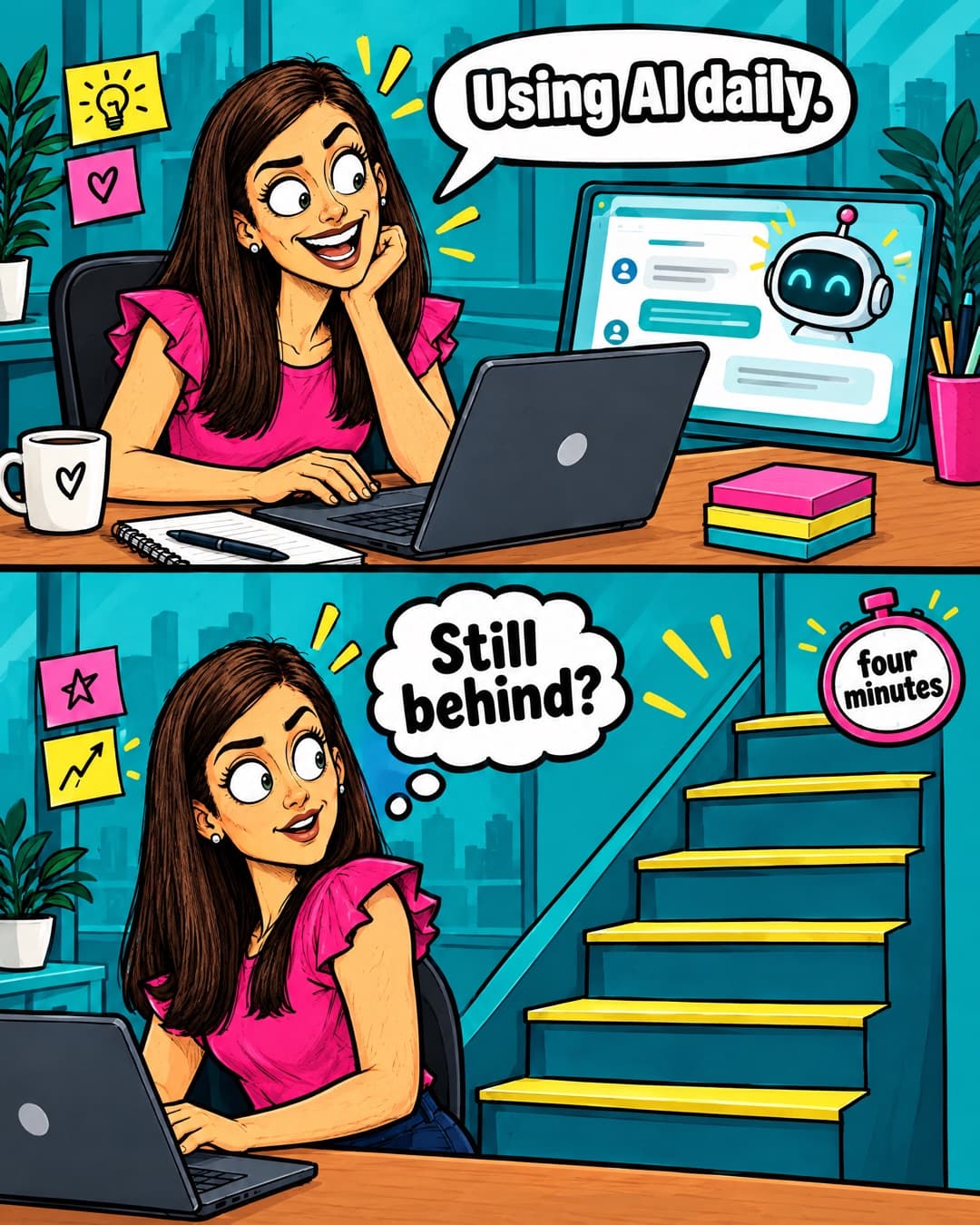 Two-panel comic: a product manager happily chats with an AI window saying 'Using AI daily.', then glances back at a five-step staircase she had never noticed, thinking 'Still behind?', with a stopwatch tag reading 'four minutes'.