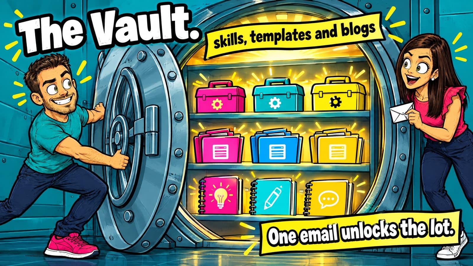 Comic of Marton swinging open a big bank-vault door to reveal glowing shelves of toolboxes, folders and notebooks under 'The Vault.' and 'skills, templates and blogs', while a product manager peeks in holding an envelope, with the caption 'One email unlocks the lot.'