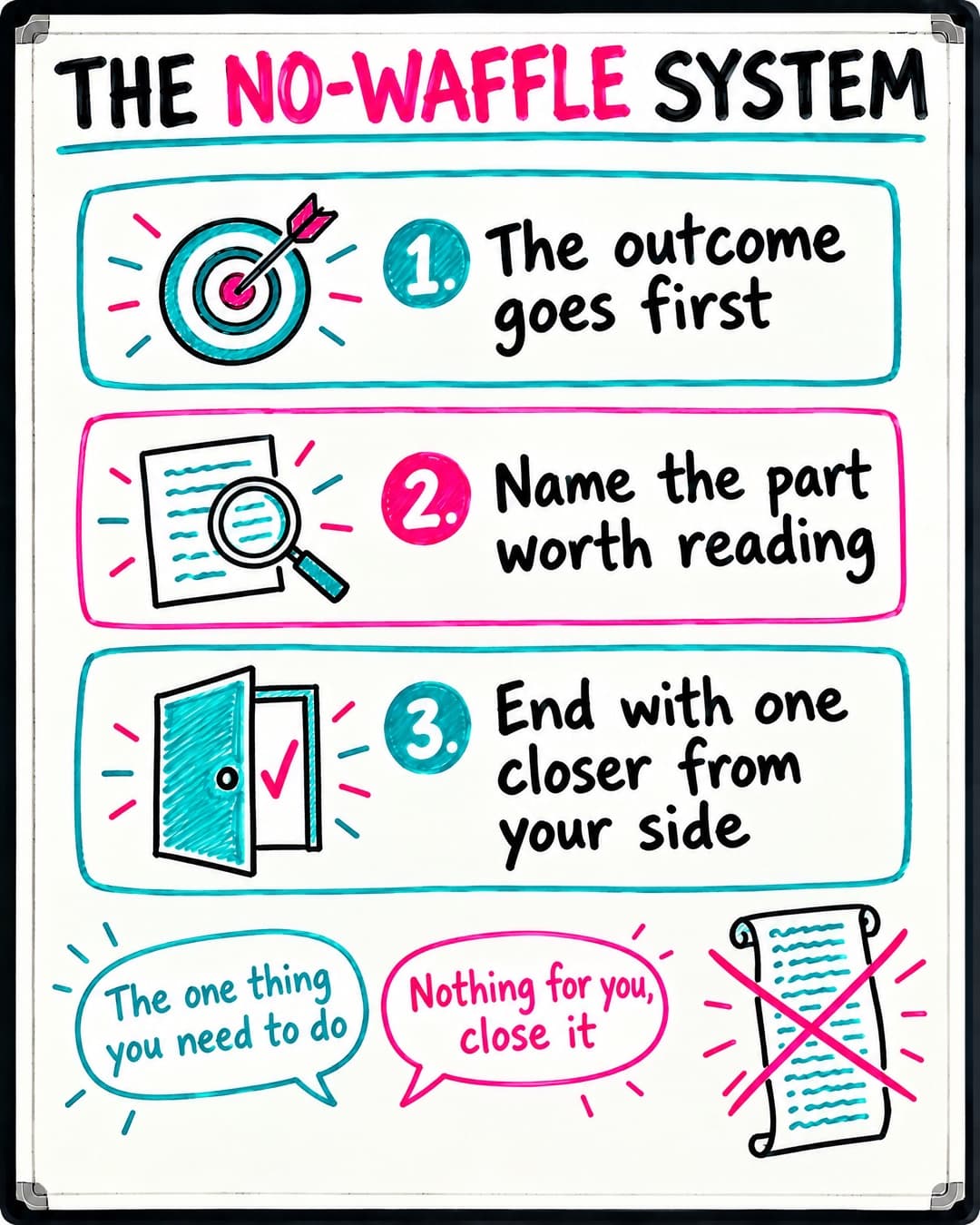 The No-Waffle System's three rules: the outcome goes first, name the part worth reading, and end with one closer from your side.
