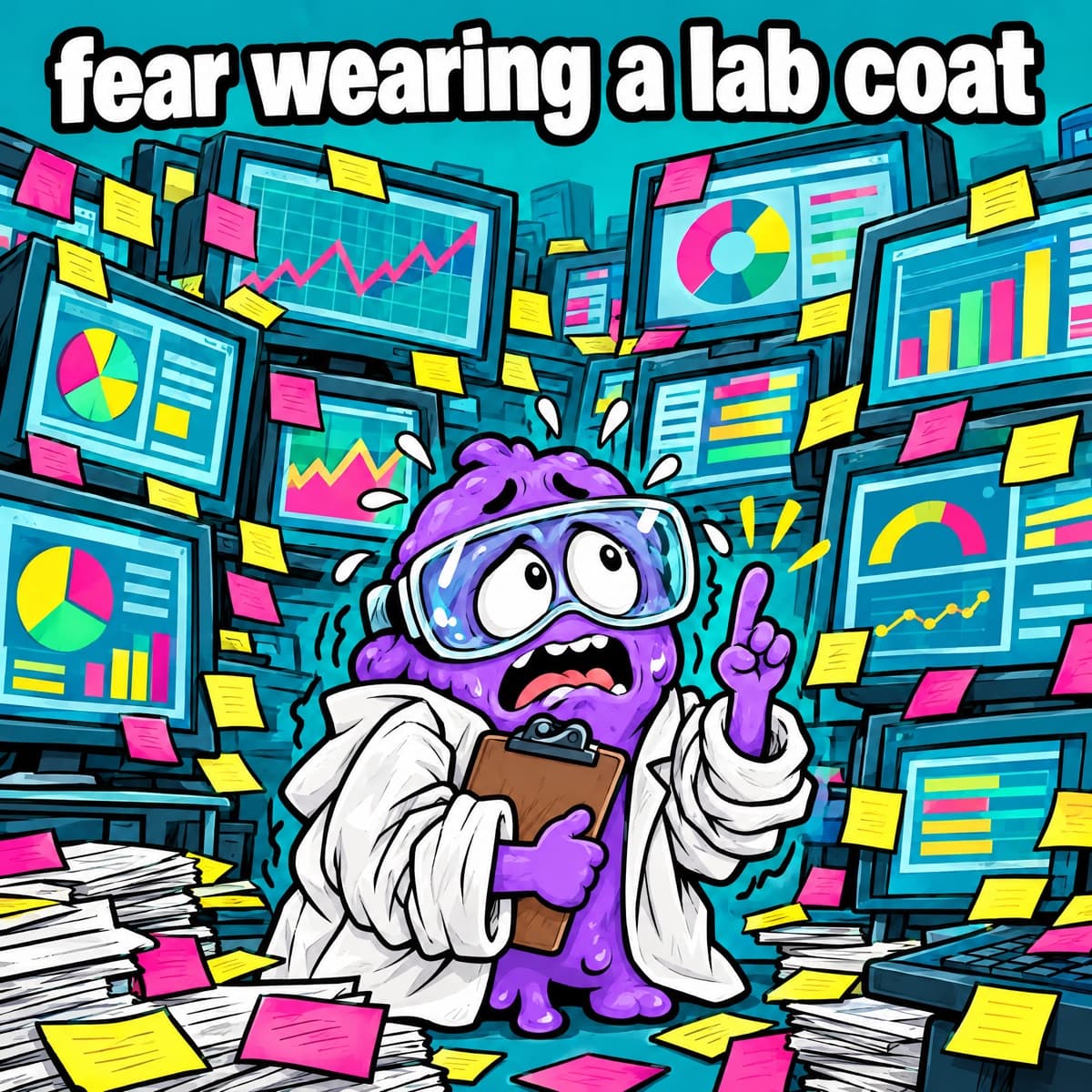 Comic of a nervous purple creature in an oversized lab coat and goggles, clutching a clipboard among towering dashboards and asking for one more, under the headline 'fear wearing a lab coat'.