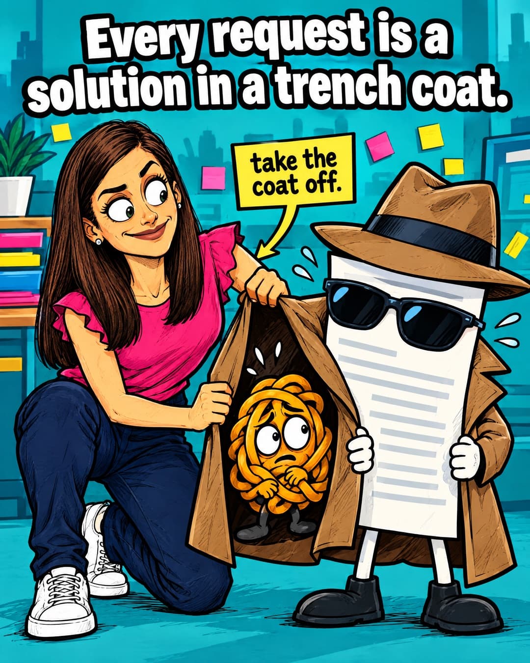 Comic headed 'Every request is a solution in a trench coat.': cartoon Nicola opens the trench coat of a disguised feature request to reveal a small worried problem hiding inside, with a note reading 'take the coat off.'