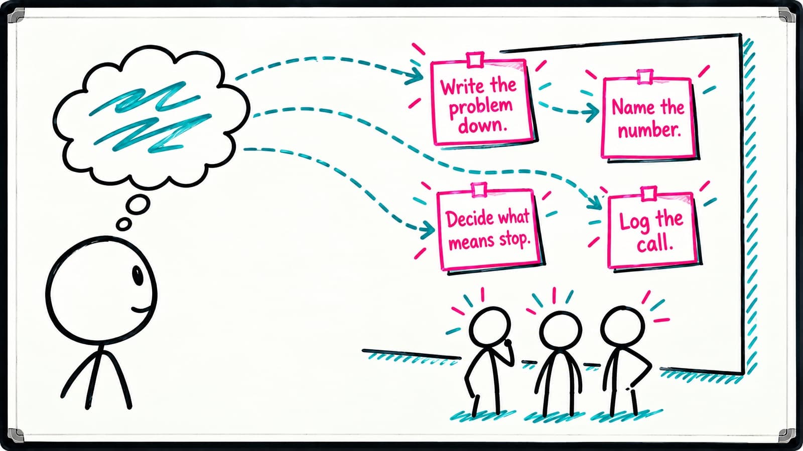 Whiteboard of four sticky notes flying from a stick figure's thought cloud onto a wall for three colleagues to see, reading 'Write the problem down.', 'Name the number.', 'Decide what means stop.' and 'Log the call.'