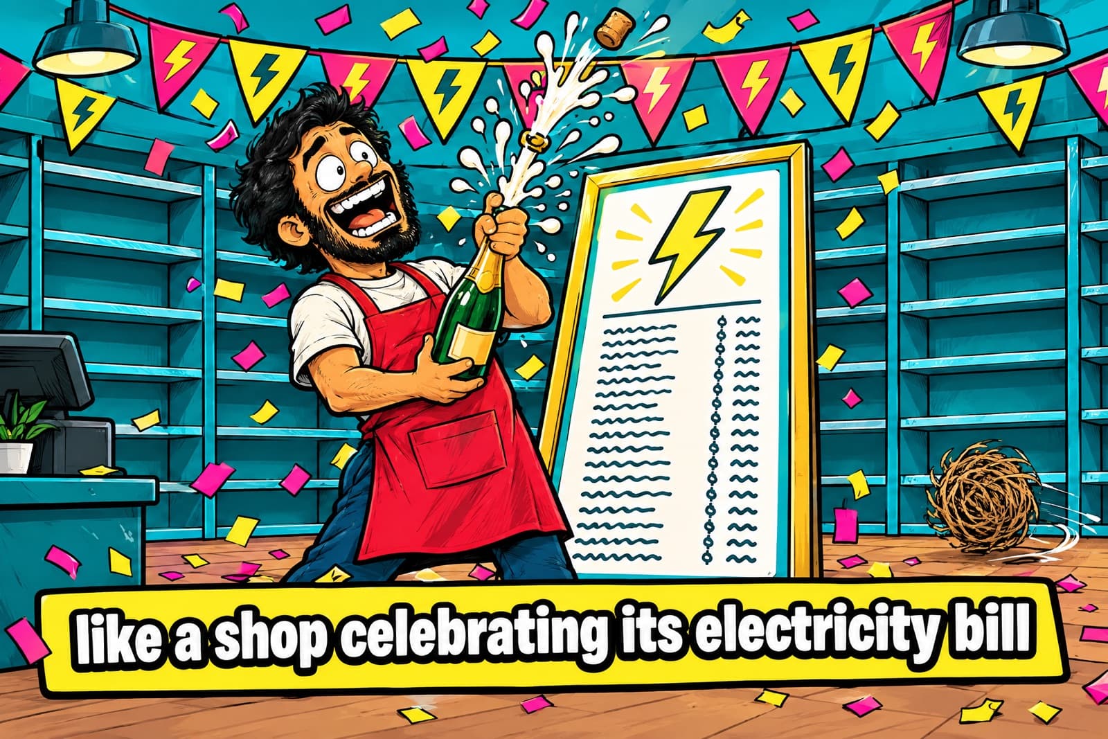 Comic of a shopkeeper popping champagne beside a framed electricity bill in a shop with empty shelves and a tumbleweed, captioned like a shop celebrating its electricity bill.