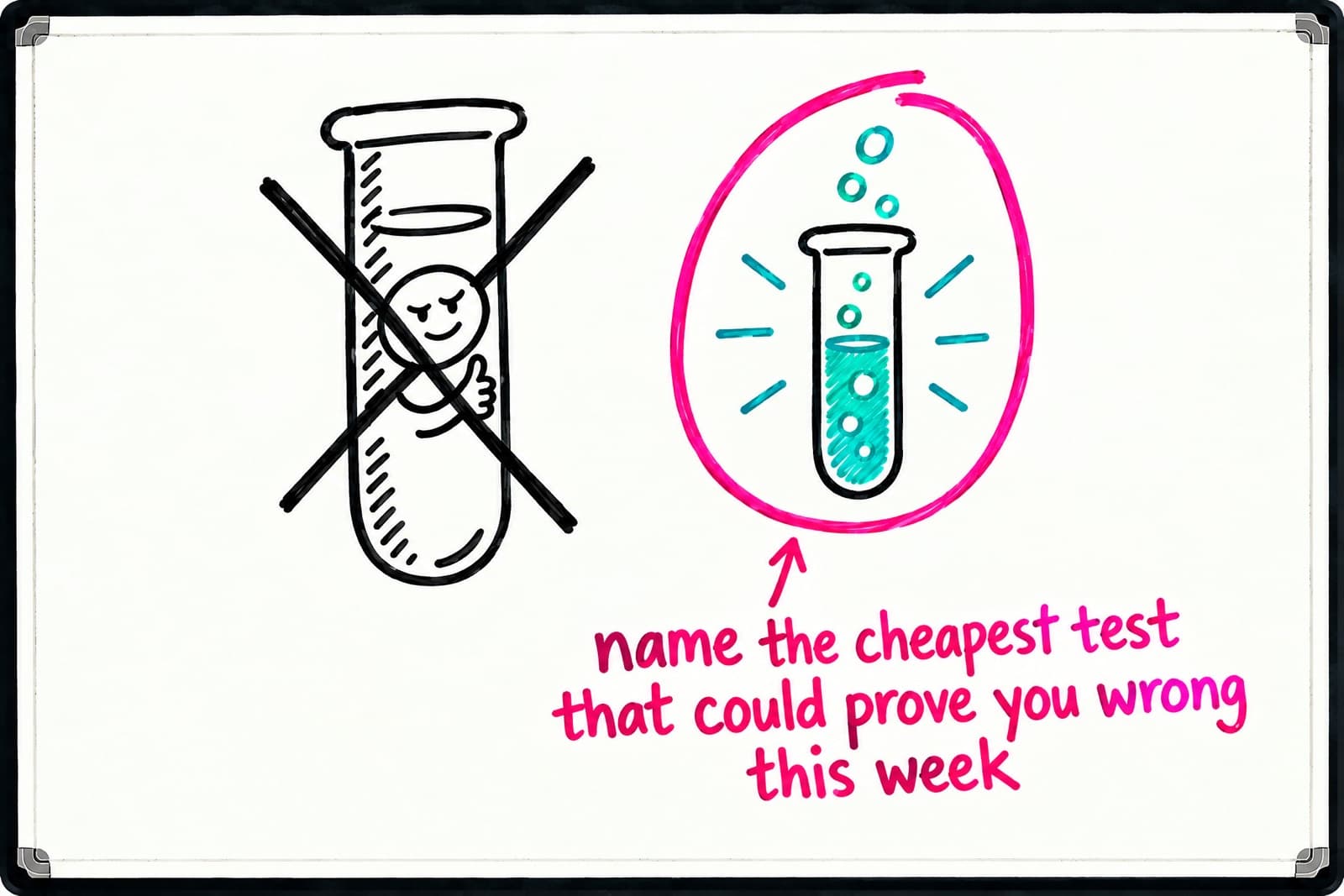 Whiteboard with a crossed-out test tube that just confirms you and a pink-circled bubbling tube labelled name the cheapest test that could prove you wrong this week.