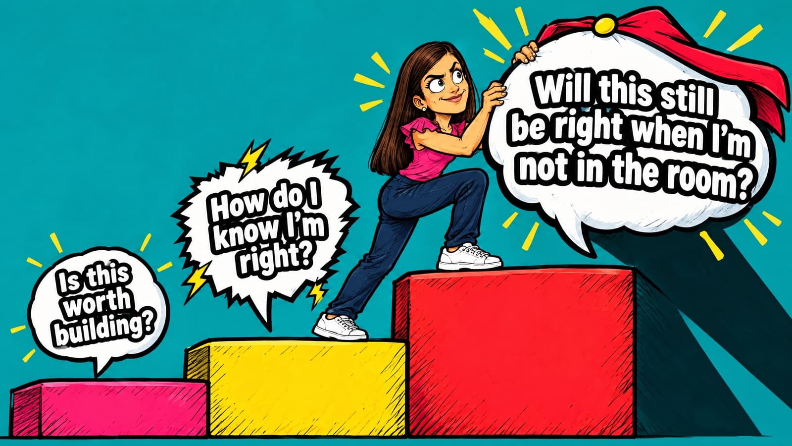 Cartoon of Nicola climbing three steps under ever larger question bubbles reading Is this worth building?, How do I know I'm right?, and a caped bubble reading Will this still be right when I'm not in the room?, which she grips with determination.