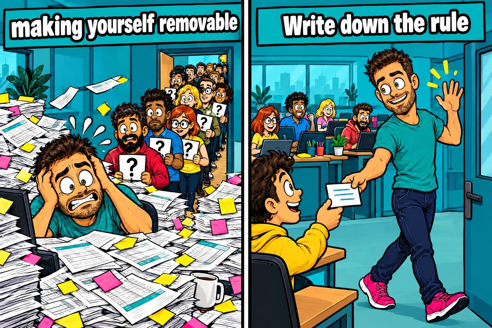 Two-panel comic: under making yourself removable, Marton is buried at his desk with a queue of colleagues waiting on him; under Write down the rule, he hands a card to a colleague and walks out as the queue disappears.