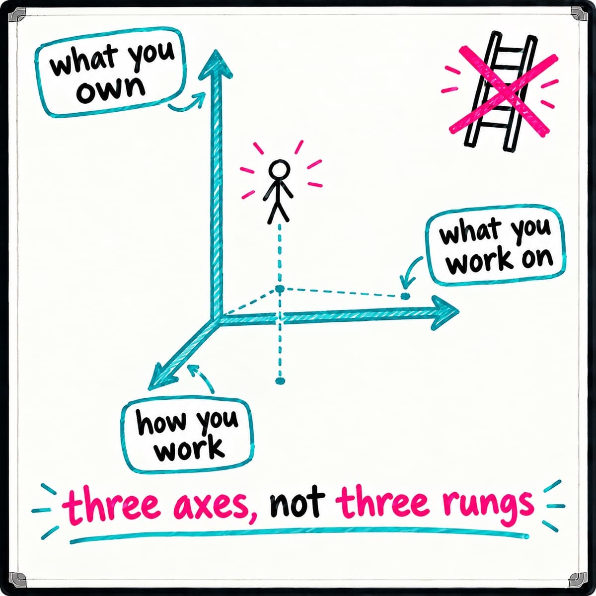 Whiteboard of three axes labelled what you own, what you work on and how you work, with a stick figure plotted in the space, a crossed-out ladder, and the line three axes, not three rungs.