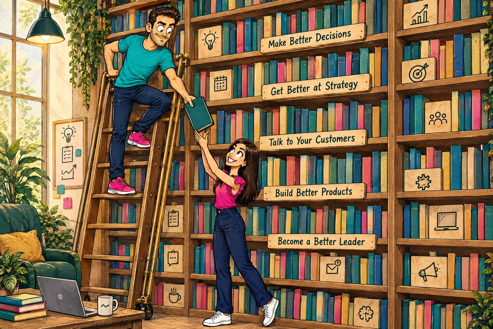 Ink and watercolour library scene: Marton on a rolling ladder hands a book down to a smiling product manager in front of a tall bookcase with shelf labels 'Make Better Decisions', 'Get Better at Strategy', 'Talk to Your Customers', 'Build Better Products' and 'Become a Better Leader'.
