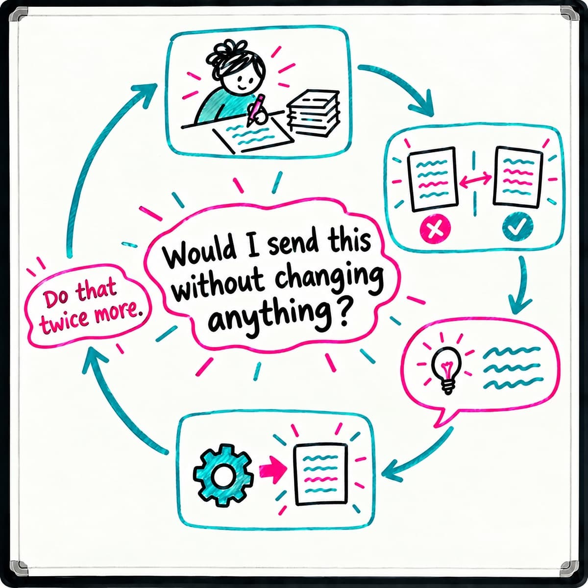 Whiteboard loop of four steps: doing a job by hand, comparing two drafts, noting what you'd change, and updating the skill, circling the question 'Would I send this without changing anything?' with the note 'Do that twice more.' on the return arrow.