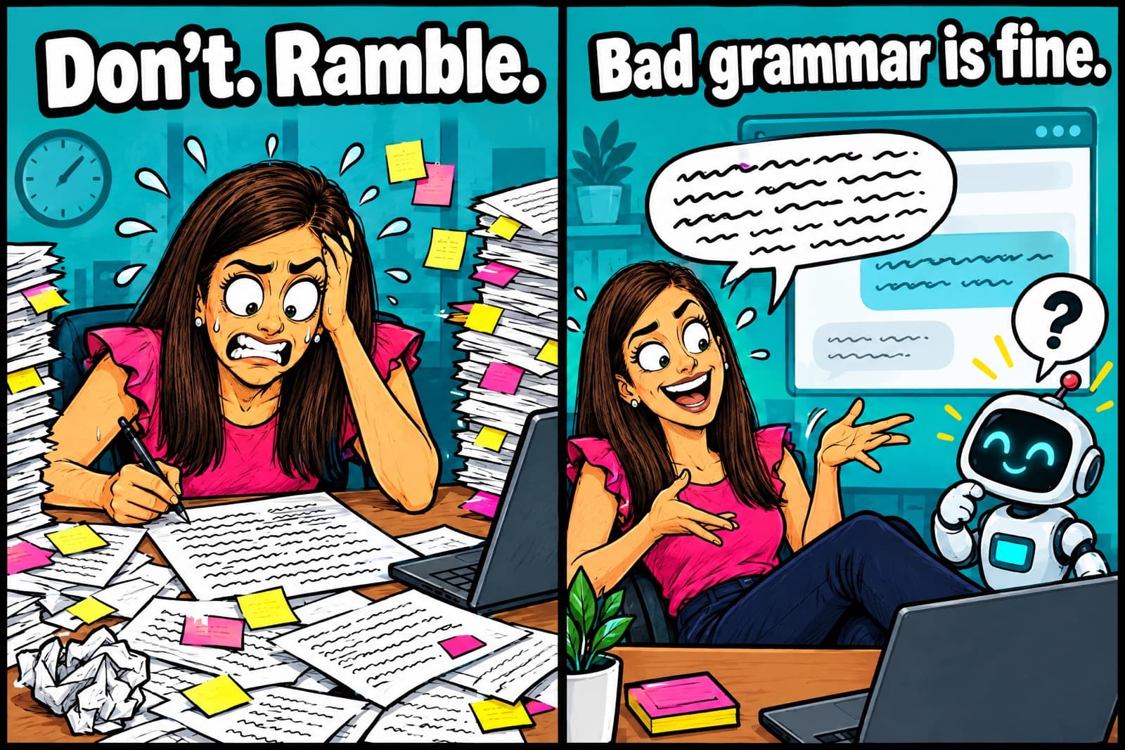 Two-panel comic: a product manager sweats over a pile of formal spec documents under 'Don't. Ramble.', then relaxes and rambles into a chat window while a friendly robot asks a question back, under 'Bad grammar is fine.'
