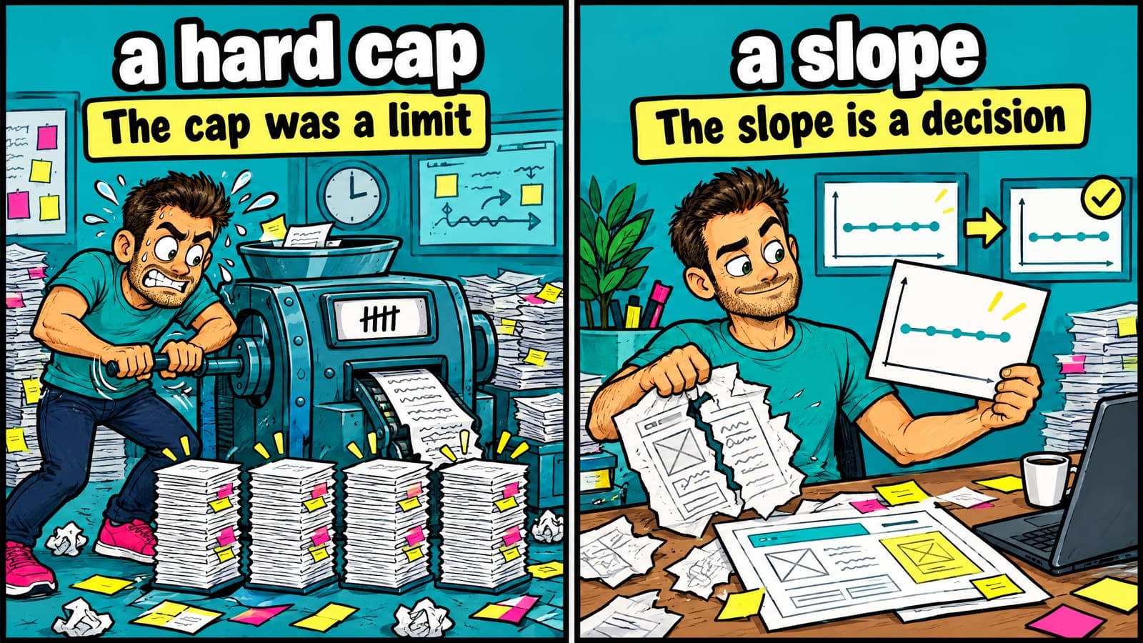 Two-panel comic: Marton sweats cranking a review machine stuck on four tally marks with equal piles of findings, under 'a hard cap' and 'The cap was a limit', then calmly tears up the old design after reading a flat-line chart, under 'a slope' and 'The slope is a decision'.