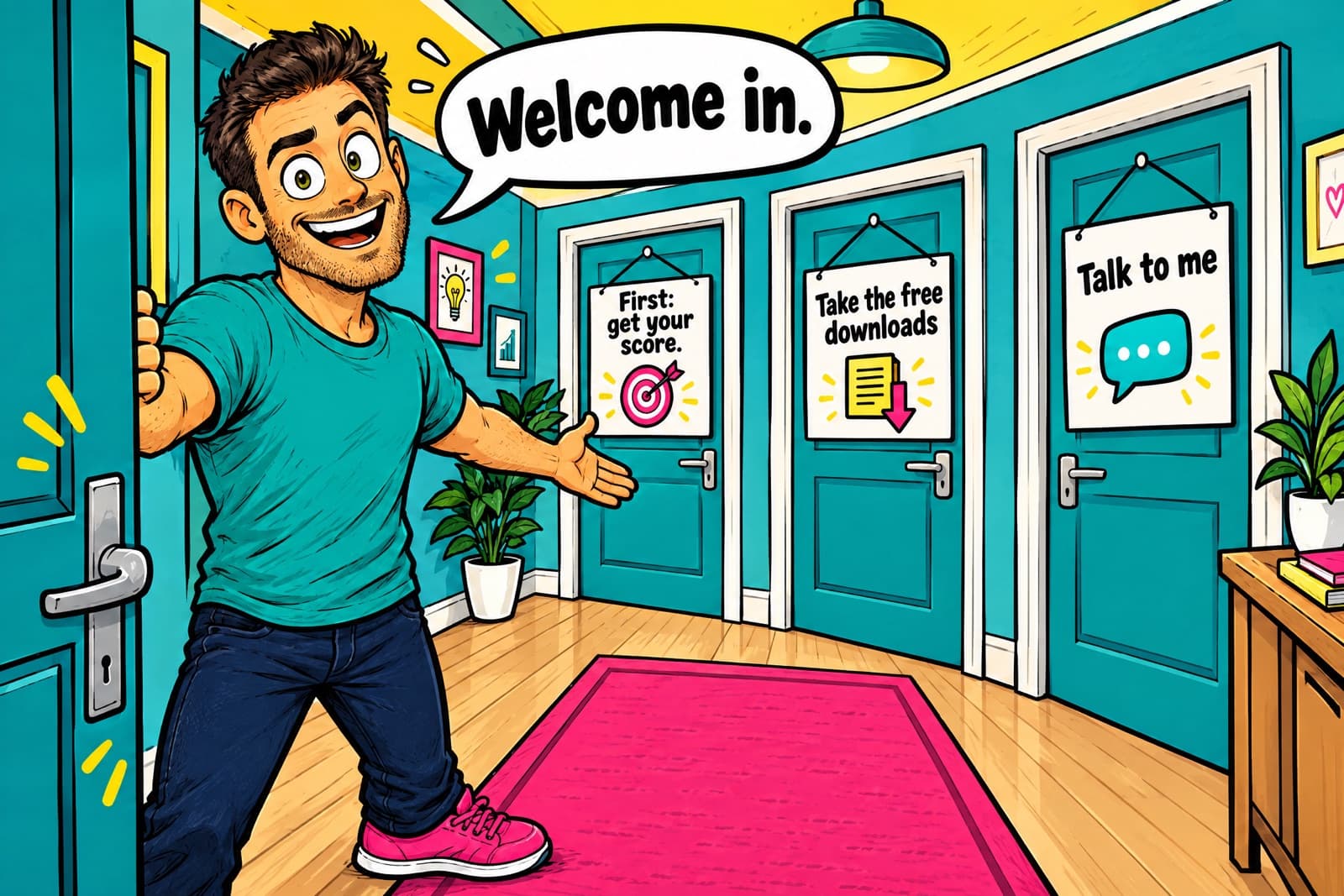 Comic of Marton opening a front door and waving the viewer into a hallway, saying 'Welcome in.', with three doors signed 'First: get your score.', 'Take the free downloads' and 'Talk to me'.